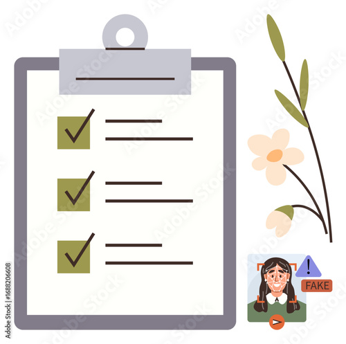 Clipboard with check marks, blooming flower stem, fake video alert. Ideal for workflow, fraud detection, verification, productivity, authenticity organization minimalism. Simple flat metaphor