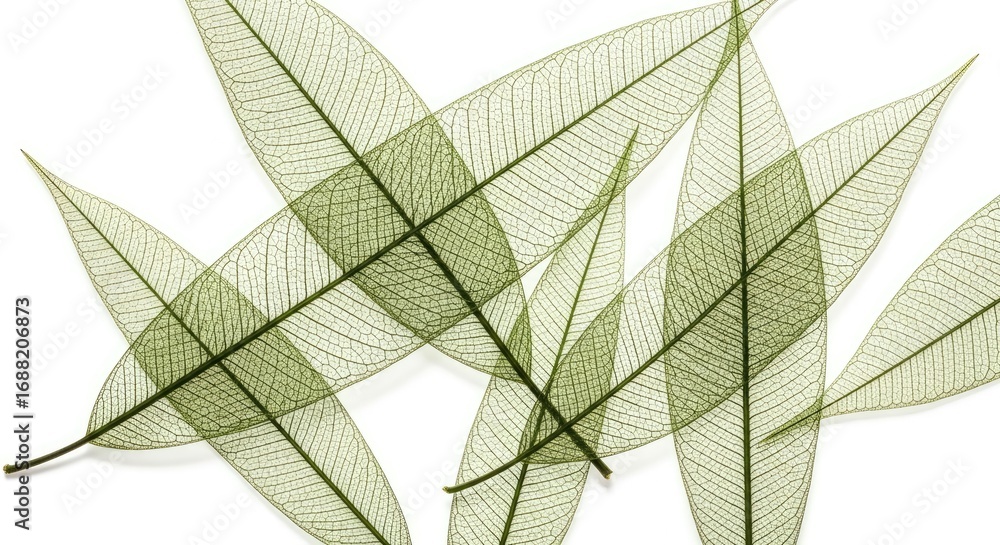Obraz premium Abstract close-up of delicate translucent skeleton leaves with intricate venation patterns, overlapping on a clean white background, showcasing natural organic structure.