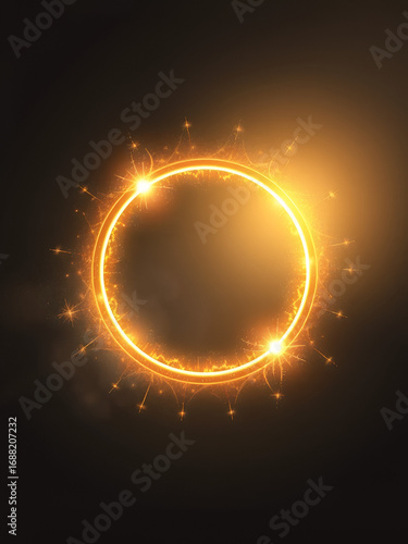 Abstract luxury golden glow ring on transparent background. Vector light circles spotlight and sparks light effect. Gold color round sparkling frame.