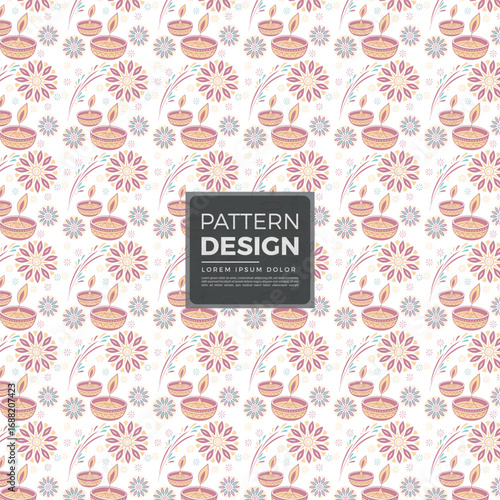 Festive Diwali Pattern with Floral Motifs and Traditional Oil Lamps