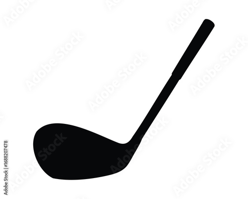A stark black silhouette of a golf club against a white background