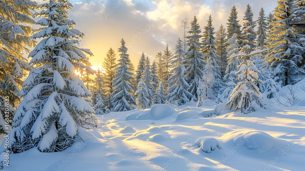 Obraz premium Snow-covered pine forest in golden morning light.