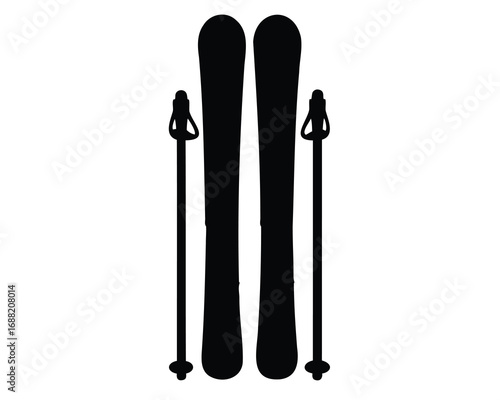 Black silhouette of skis and poles on white background for skiing