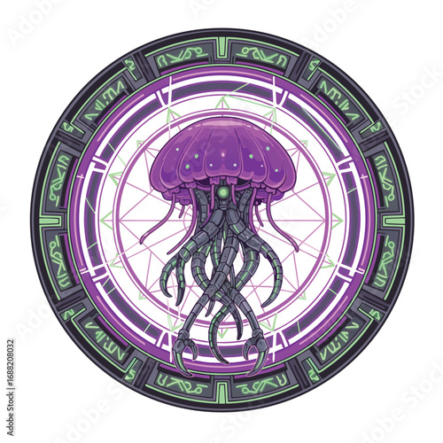 A mechanical jellyfish within a circular arcane symbol.
