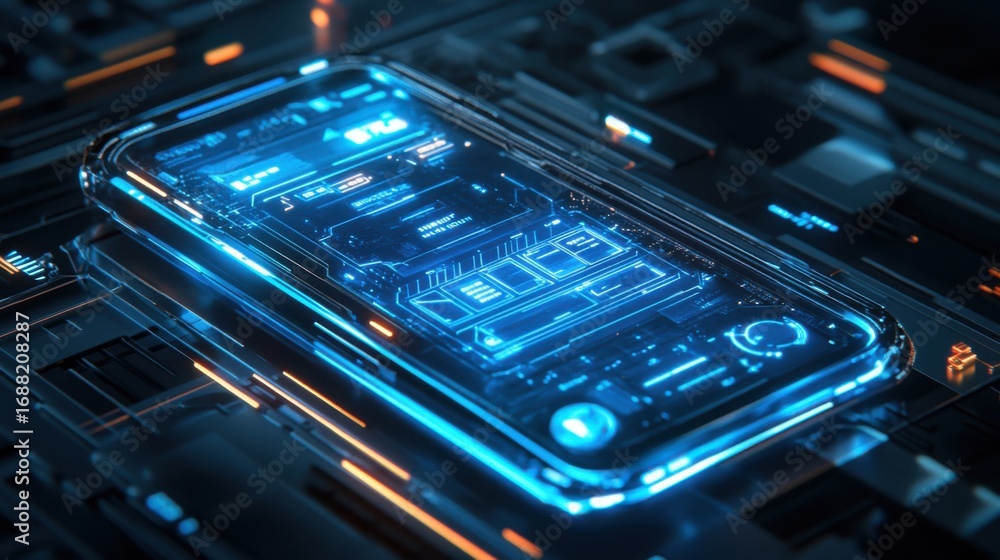 Obraz premium This futuristic transparent smartphone features a vibrant holographic interface illuminated by a neon blue glow. Set against a dark background, it emphasizes innovation and design in technology.