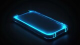 This futuristic transparent smartphone features a vibrant holographic interface illuminated by a neon blue glow. Set against a dark background, it emphasizes innovation and design in technology.