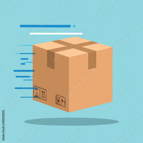 Fast delivery of a cardboard package, shown in motion with speed lines.