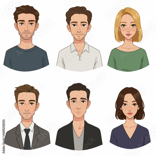 Modern cartoon portraits of diverse young adults for business and casual use, suitable for avatars and web design.
