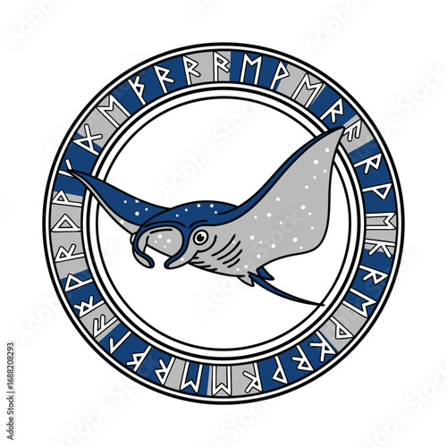 A manta ray swims within a circular frame of runes and geometric patterns.