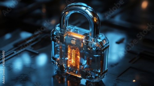 A transparent glass padlock showcases intricate internal mechanisms and a fingerprint scanner, illuminated by holographic elements and subtle reflections, creating a captivating sci-fi design.