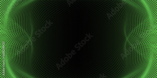 Abstract halftone dots background with green and black defocused revolving motion blur swirl pattern. 3D illustration backdrop template with copy space for blockchain technology product showcase. 