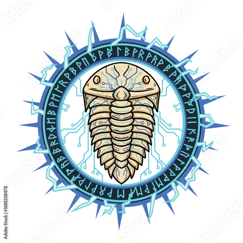 A cybernetic trilobite emblem with runes and circuitry patterns.