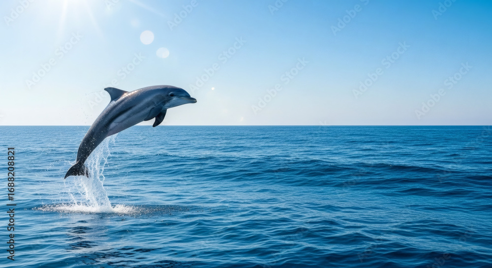 Fototapeta premium Majestic dolphin leaps joyfully from sparkling ocean waves under bright sunlit sky