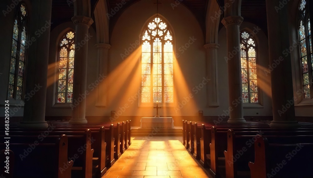 Fototapeta premium Sunlit Church Interior Stained Glass Illuminates Peaceful Worship Space