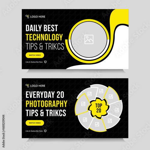 Multipurpose photography tips and tricks video thumbnail banner design, daily photography techniques video set cover banner design, fully customizable vector eps 10 file format