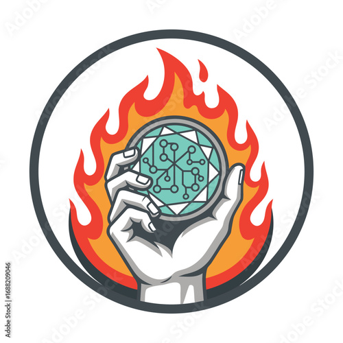 Foto A hand holds a digital circuit board inside a circle of flames.