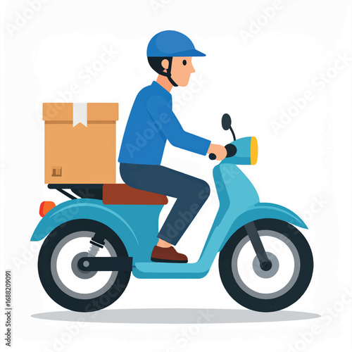 Cartoon illustration of a delivery person riding a scooter with a package.