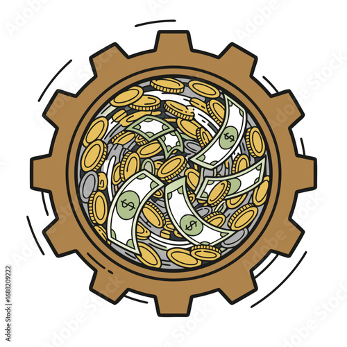 A gear filled with money and coins in a spinning motion.
