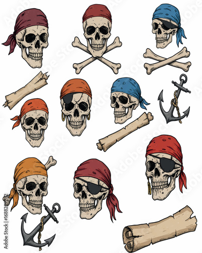 Classic pirate-themed vector illustration of human skulls with crossbones, eye patches, and maritime elements like anchors.