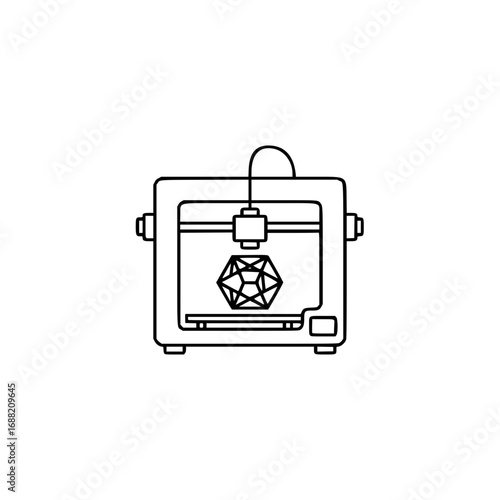 Minimalist black silhouette logo illustrating 3D printing technology. An iconic graphic depicting an additive manufacturing machine creating a geometric object for modern innovation