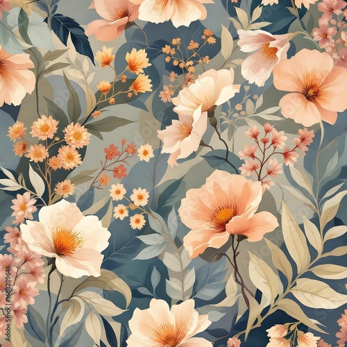 Watercolor floral pattern of hand-painted wildflowers and sprawling leaves,created for wallpaper and fabric, illuminated with diffused, even
