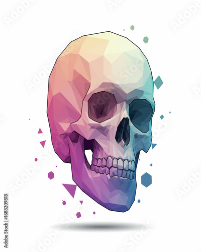 Modern geometric vector abstract depicting human skulls, formed by clean, sharp polygonal shapes and lines with minimalist design.