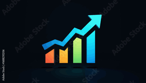 Vibrant Multicolored Bar Graph with Upward Arrow Symbolizing Growth and Progress on a Dark Background