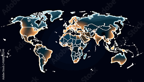 Illuminated World Map with Highlighted Continents and Countries on Dark Background Featuring Comparative Geographic Illustration