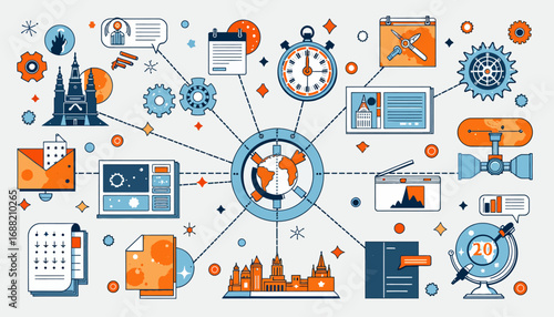 Intricate Illustration of Global Communication and Technology Network with Clocks, Icons, Charts, and Gears in Vibrant Colors
