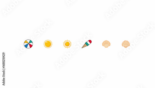 Colorful summer-themed illustration featuring beach ball, sunshine, ice cream cone, and seashells lined up in a minimalistic design on a white background.