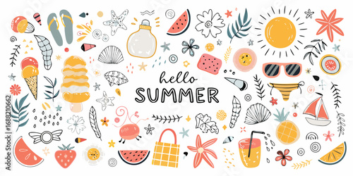 Hello summer collection of fun beach and vacation icons and elements
