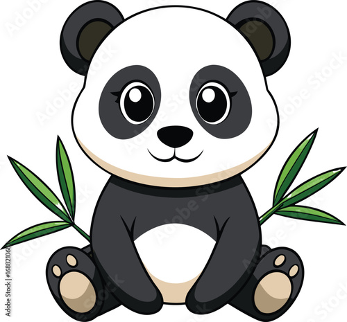A vector illustration depicting an adorable baby panda bear seated and grasping a bamboo leaf