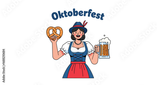 A cheerful woman in traditional German dirndl costume holding a fresh pretzel and a frothy mug of beer for a Bavarian folk festival