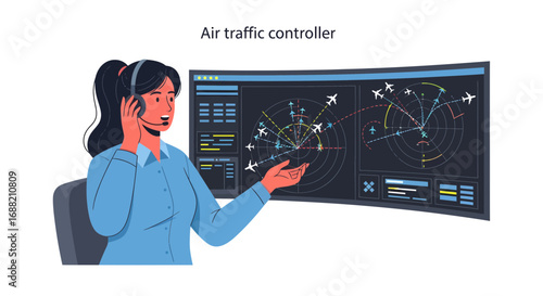 Professional woman with headset managing airport control tower operations on a digital display