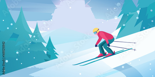 Stylized illustration of a skier descending a snowy mountain slope amidst pine trees and falling snow
