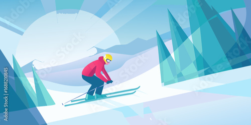 Stylized illustration of a skier in a red jacket descending a snowy mountain slope with geometric trees and a bright sun