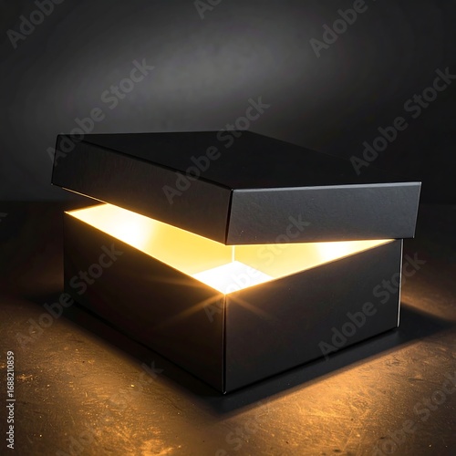 Black box with glowing interior on dark surface