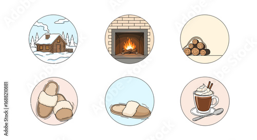 Collection of cozy winter hygge icons featuring a cabin, fireplace, slippers, and hot chocolate