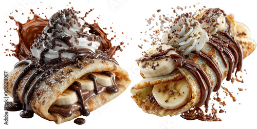 Delicious dessert featuring crepes filled with sliced bananas, topped with whipped cream, chocolate sauce, and chocolate shavings, creating tempting treat for sweet lovers