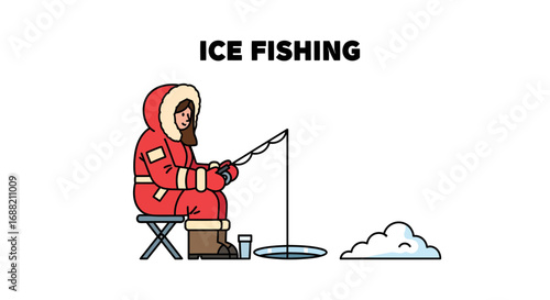 Vector illustration of a person in a warm parka enjoying the hobby of ice fishing during winter