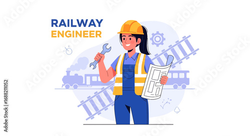 Female industrial worker in a hard hat holding a wrench and blueprint, representing transportation and construction engineering