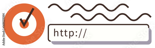 Verified orange checkmark beside a URL bar with wavy lines symbolizing web navigation and cybersecurity. Ideal for authentication, internet security, safe browsing, trust, online verification, web
