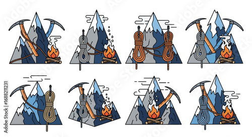 Collection of unique vector emblems featuring mountains, ice axes, campfires, and cellos, a conceptual blend of alpinism and music