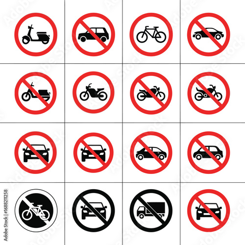 Collection of prohibited vehicle signs circular red border icons for traffic regulations and restrictions vector