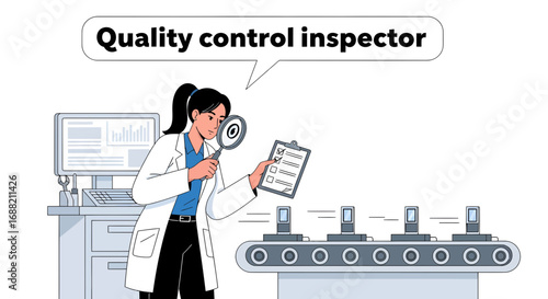 Quality Control Inspector Examining Products on a Conveyor Belt, Illustrated Scene
