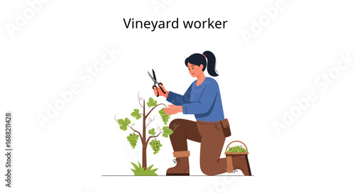 Illustrative depiction of a diligent female vineyard worker carefully pruning grapevines to foster healthy growth and prepare for a successful harvest season