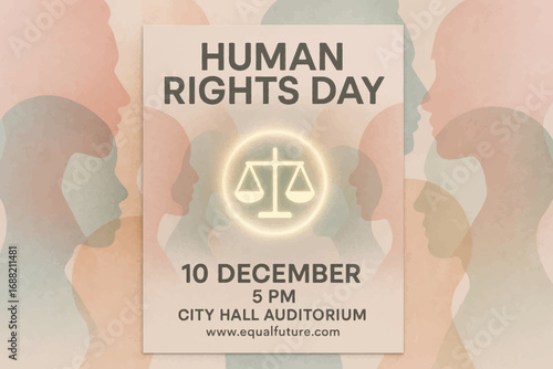 A graphic design for Human Rights Day, December 10th, at City Hall Auditorium to advocate for justice and an equal future for all