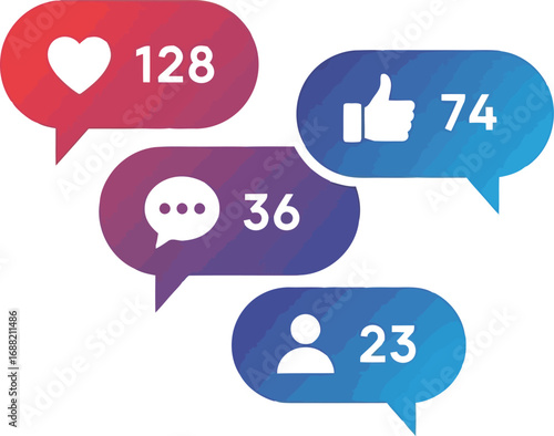 Social media engagement notifications thumbs up heart chat bubble follower count icons vector