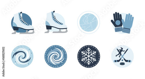Winter-themed flat vector icons featuring ice skates, warm gloves, snowflakes, and stylized cold swirling patterns