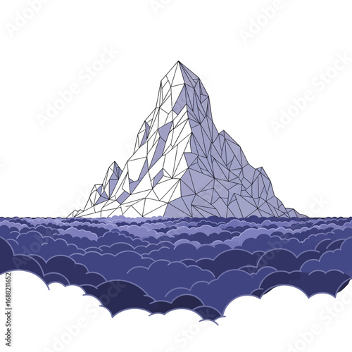 Pixelated Mountain Peak Rising from Blue Clouds Digital Artwork on White Background